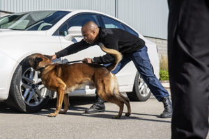 K-9 security professional checking a vehicle with a trained sniffer dog. Real people, trained K9 and security professionals.
